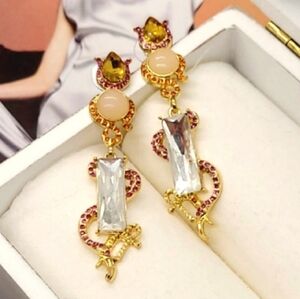 Vintage Estate Surrealism Snake Crystal Embellished Gold Drop Earrings